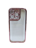 Husa Iphone 14 Pro din silicon , transparent cu strasuri pe margine si rama camera Roz