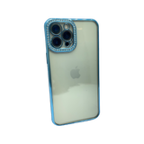 Husa Iphone 14 Pro Max din silicon , transparent cu strasuri pe margine si rama camera Albastru