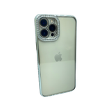 Husa Iphone 14 Pro Max din silicon , transparent cu strasuri pe margine si rama camera Argintiu