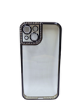 Husa Iphone 13 din silicon , transparent cu strasuri pe margine si rama camera Negru