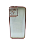 Husa Iphone 12 din silicon , transparent cu strasuri pe margine si rama camera Roz