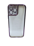 Husa Iphone 13 Pro Max din silicon , transparent cu strasuri pe margine si rama camera Mov
