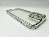 Husa Iphone 14 Pro Max din silicon , transparent cu strasuri pe margine si rama camera Argintiu