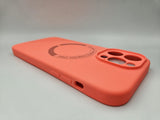Husa Iphone 14 Pro Max silicon moale , MagSafe, interior material catifelat Roz Peach