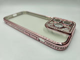 Husa Iphone 14 Pro din silicon , transparent cu strasuri pe margine si rama camera Roz