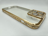 Husa Iphone 13 Pro din silicon , transparent cu strasuri pe margine si rama camera Auriu