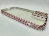 Husa Iphone 12 din silicon , transparent cu strasuri pe margine si rama camera Roz
