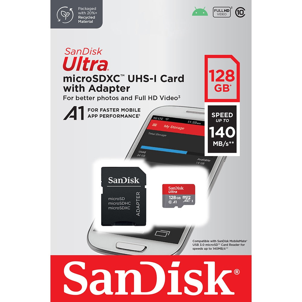 Card de memorie SANDISK Ultra microSDXC, 128GB, 140MB/s, clasa 10/U1/A1, UHS-I cu adaptor