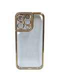 Husa Iphone 13 Pro din silicon , transparent cu strasuri pe margine si rama camera Auriu