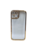 Husa Iphone 14  din silicon , transparent cu strasuri pe margine si rama camera Auriu