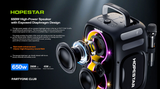 Boxa Portabila Hopestar PartyOne Club 650W Putere, Baterie 36.000 mAh cu baterie detasabila, BT 5.4, Lumini RGB + 2 Microfoane Wireless